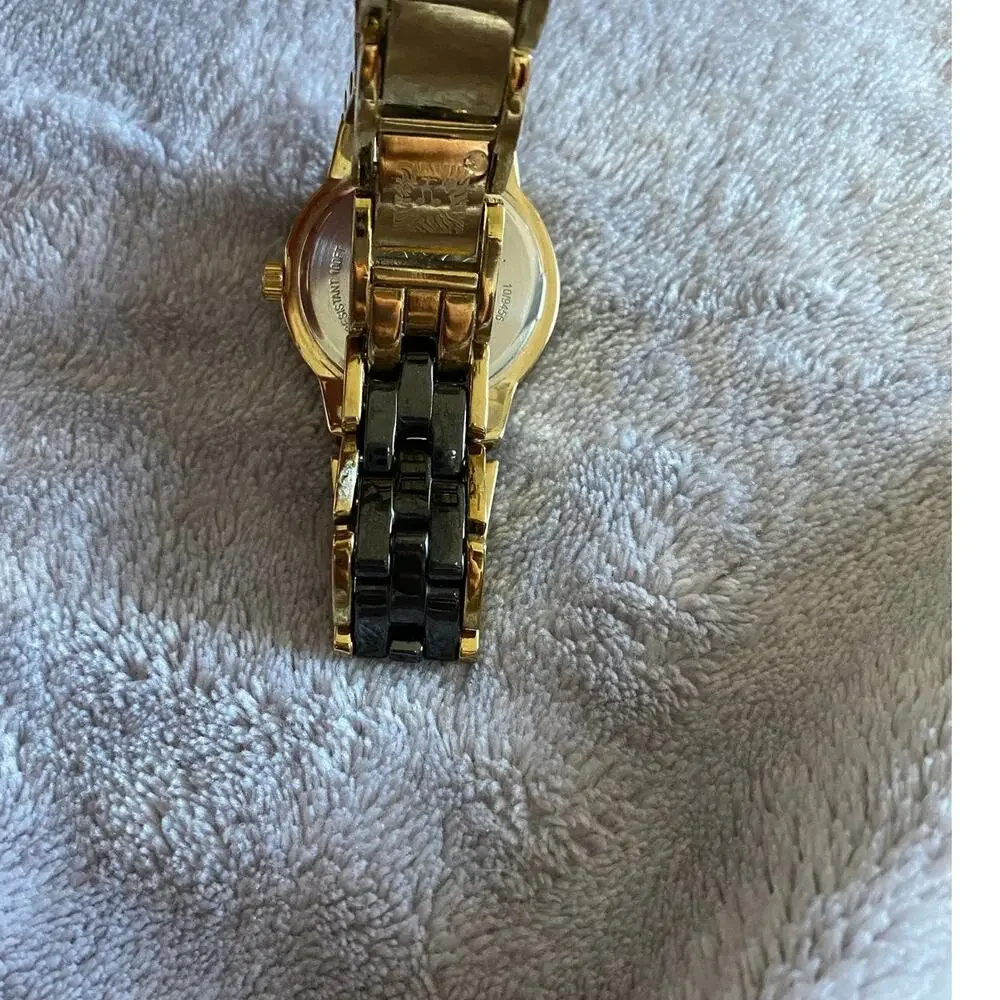 Anne Klein 10/9456 Two-Tone Gold & Black Ceramic Watch with Swarovski Crystals